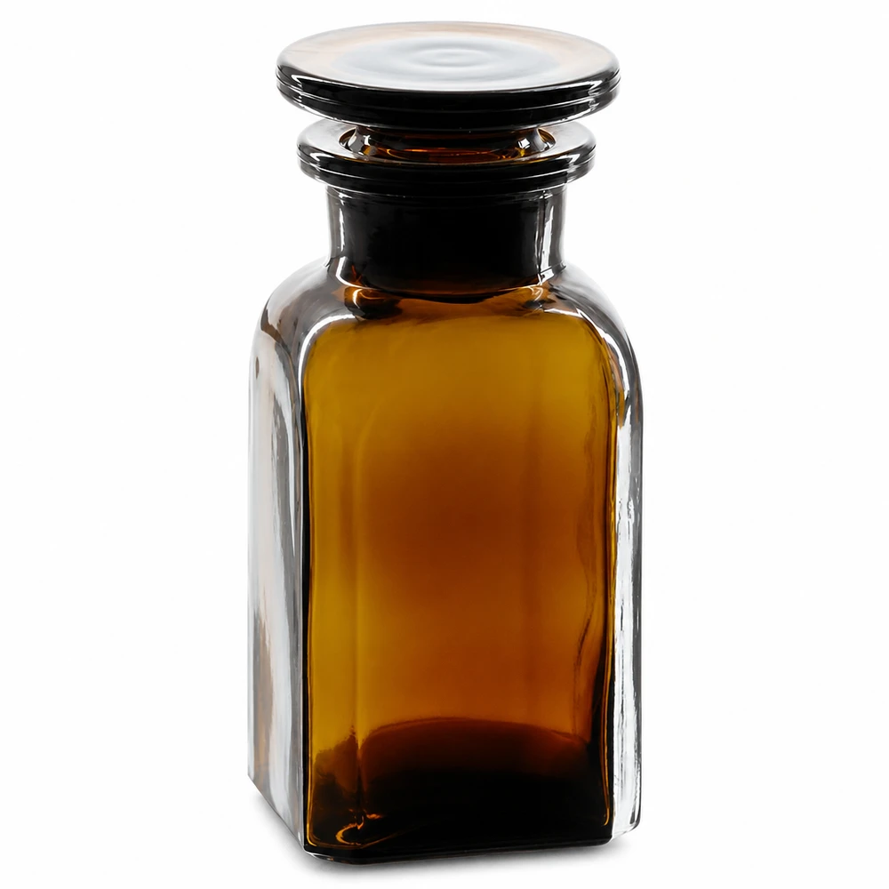 Kvadratisk flaska 100ml brun glaspropp med bred hals Fyrkantig flaska, 100 ml, brun, med glaspropp och vid hals, för laboratorier och apotek