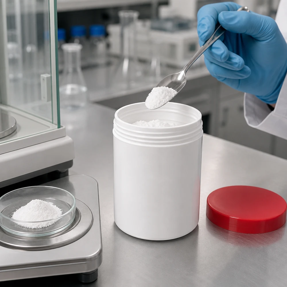 Salvburk 200g vit med rött skruvlock (polypropylen) Laboratorieteknikern fyller en 200 g salvorburk av PP med vitt pulver och använder en precisionsvåg