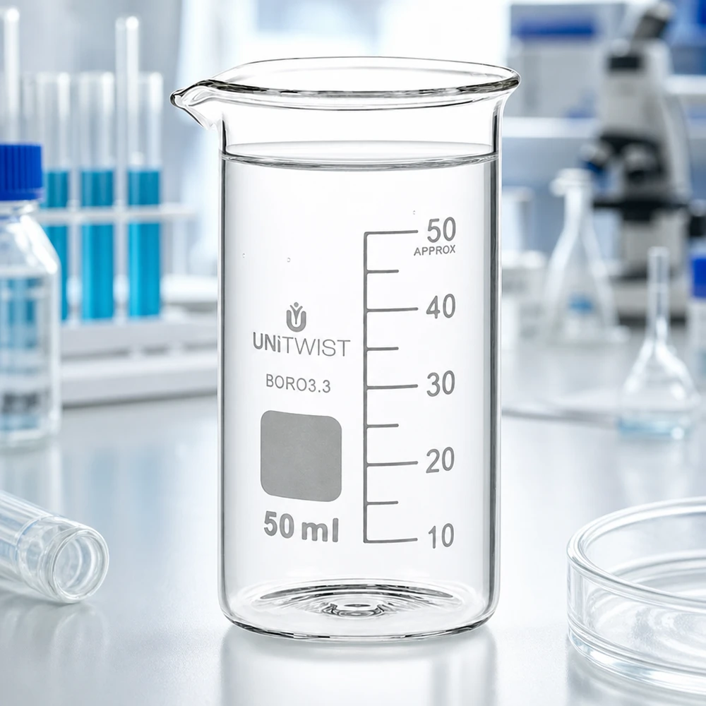 Tomt bägarglas, 50 ml, hög form, borosilikatglas 3.3 UNITWIST på en vit laboratorieyta