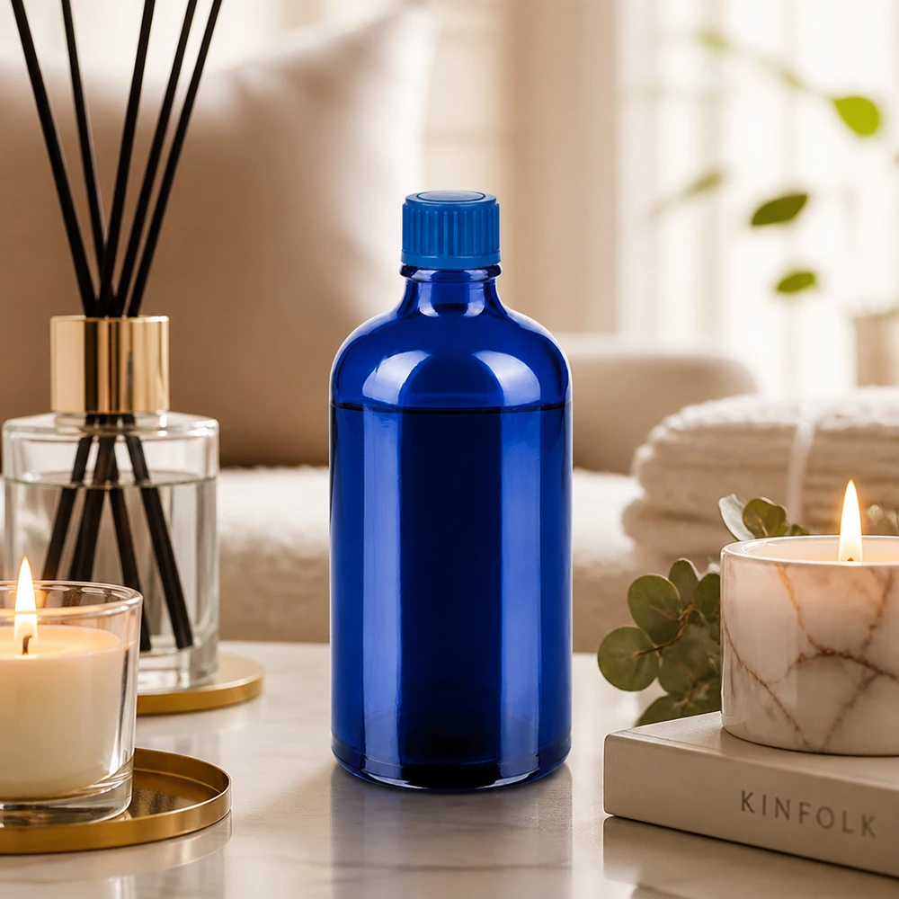 Elegant blå 100 ml glasflaska med 11 mm lock för professionella kosmetiska produkter