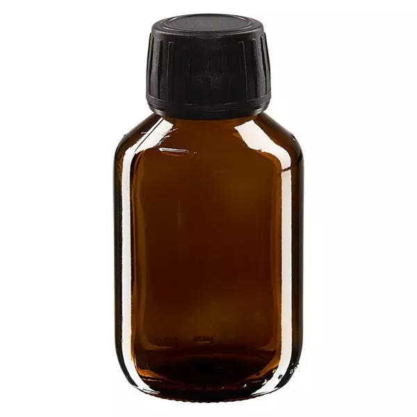 100 ml medicinflaska, brun, svart lock med säkerhetsring ApoGlas 100 ml medicinflaska, brun, svart lock med säkerhetsring ApoGlas