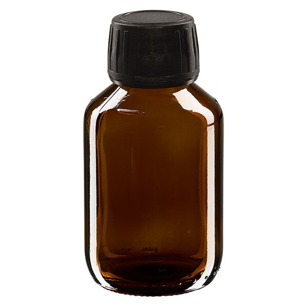 100 ml medicinflaska, brun, svart lock med säkerhetsring ApoGlas 100 ml medicinflaska, brun, svart lock med säkerhetsring ApoGlas