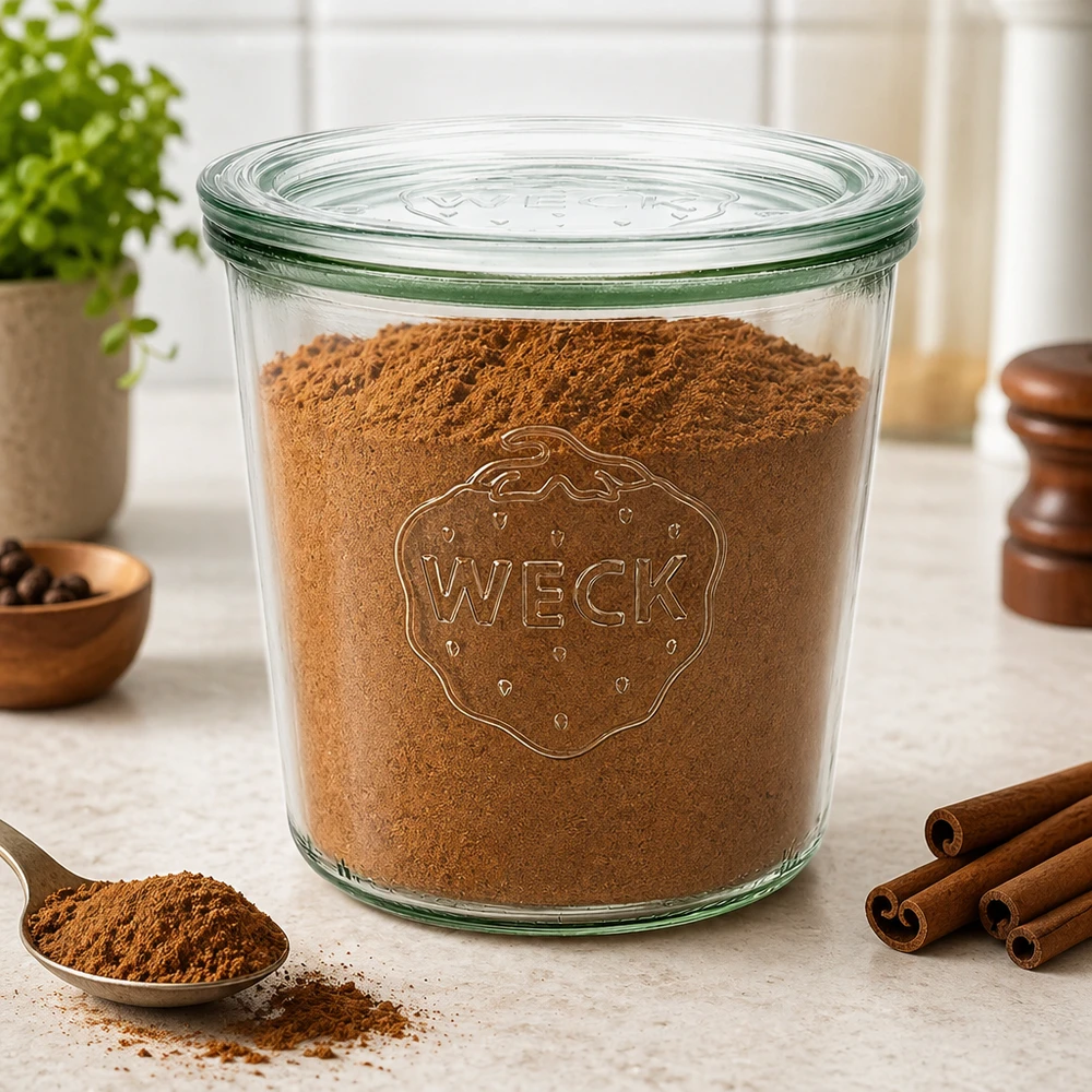 580 ml burk med glaslock WECK RR100 WECK Sturzglas 580ml RR100 gefüllt mit Kakaopulver und Zimt auf Arbeitsplatte für Gewürz Vorratshaltung