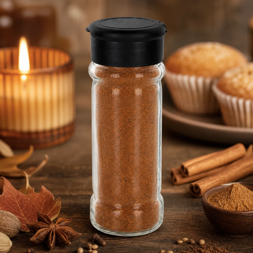 Salt-/kryddburk 100 ml med ströare, svart Ett kryddglas med kanelfyllning (100 ml) och en svart ströare bredvid kanelstänger och muffins