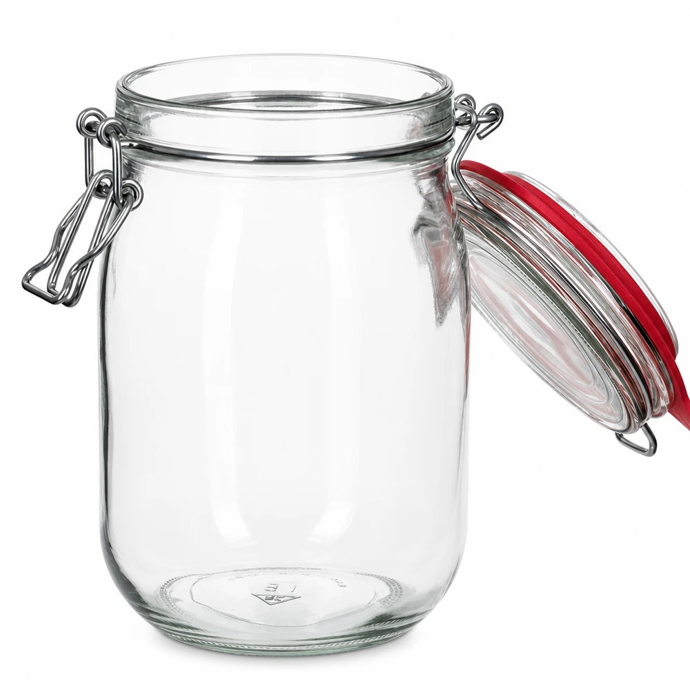 1140 ml förvaringsburk av typ G med hänglås UN.. Stor konserveringsburk i klarglas med röd gummitätning och metallhandtag 1140ml