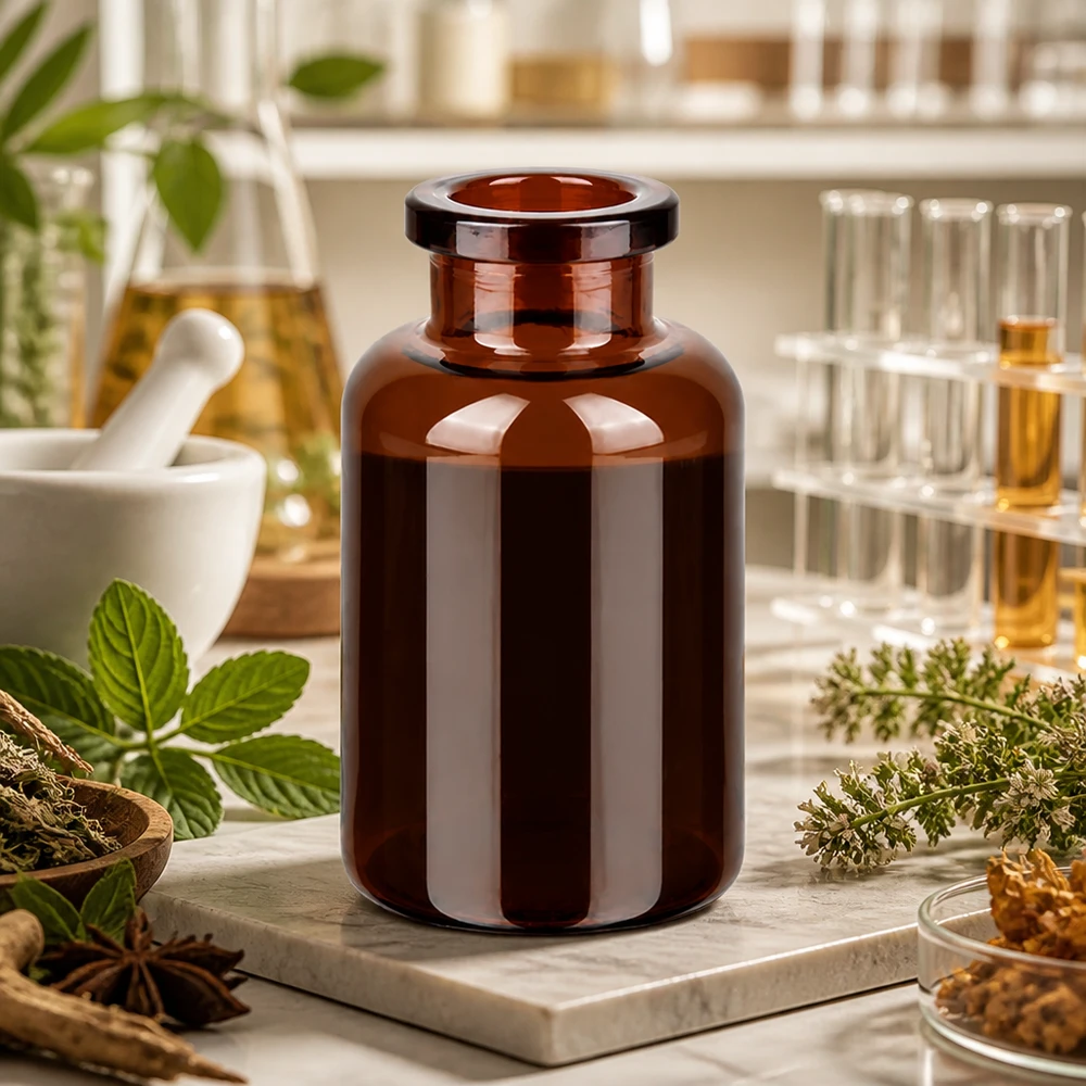 Injektionsflaska av bärnstensfärgat glas 20ml Lichtgeschützte Injektionsflasche 20ml Braunglas in naturmedizinischer Forschungsumgebung