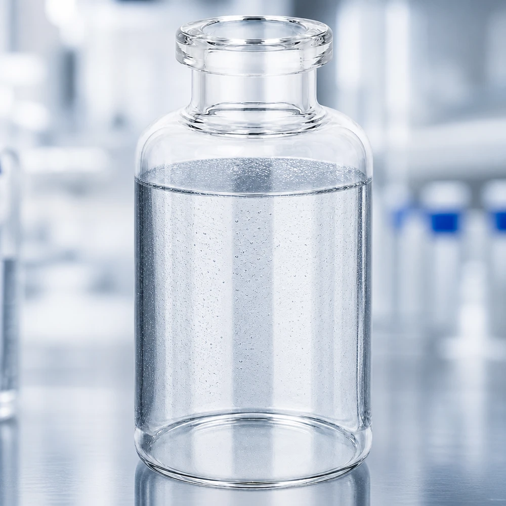 Injektionsflaska klarglas 30ml Transparente 30ml Pharmaglasflasche mit wässrigem Inhalt und sichtbaren Mikroblasen Laborumgebung