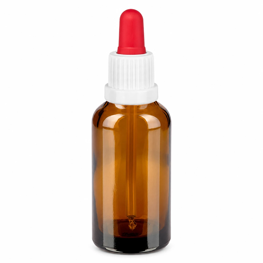 30 ml pipettflaska vit/röd med säkerhetsförslutning BrownLine UT18/30 30 ml pipettflaska i bärnstensfärgat glas med vitt lock och röd pipett för exakt dosering