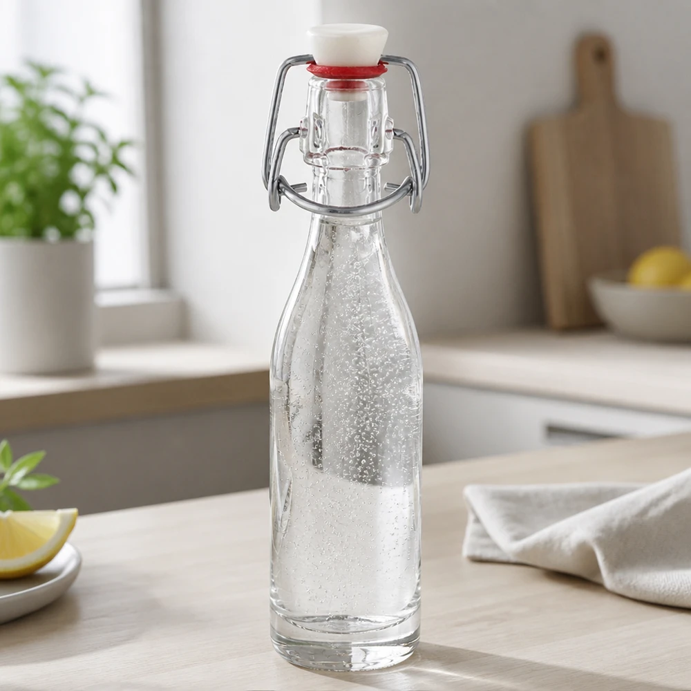 50ml glasflaska + svängbar topp PVC UNiTWIST 50 ml glasflaska med svängbart lock fylld med vatten i ett modernt kök - praktisk vardagsanvändning