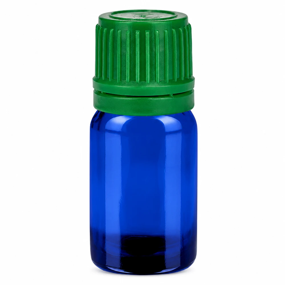 5 ml flaska 11mm skruvkork grönt säkerhetslock BlueLine UT18/5 5ml glasflaska blå med grönt skruvlock för eteriska oljor och kosmetika