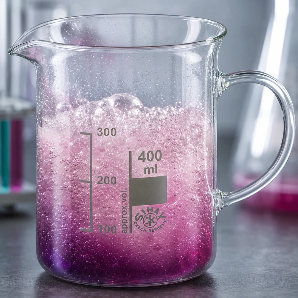 Bägare 400 ml med handtag, skummande rosa reaktion, sprudlande bubblor, borosilikatglas, laboratorium