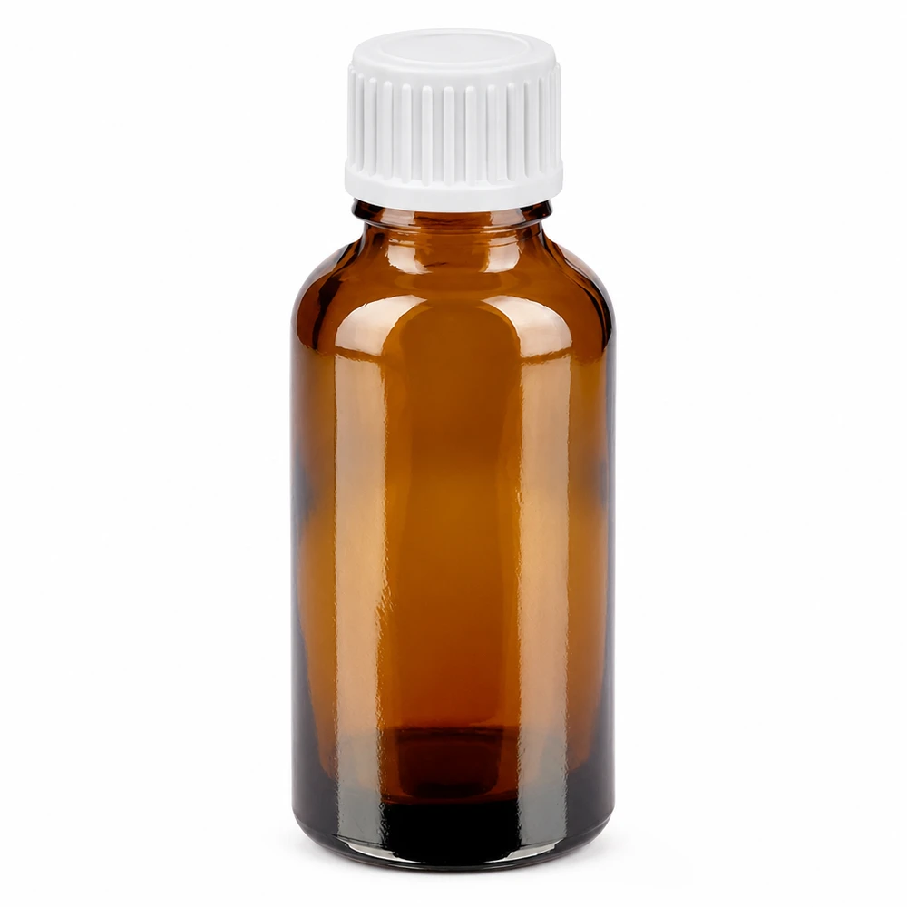 30 ml bärnstensfärgad glasflaska med vit 0,9 mm dropplock för exakt dosering