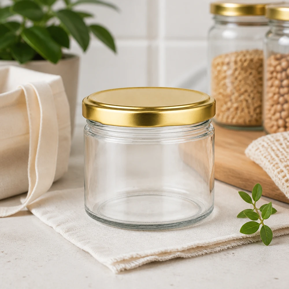 540 ml rund burk med gyllene BasicSeal-lock, tom i hållbar köksdekoration med naturfibrer och växter