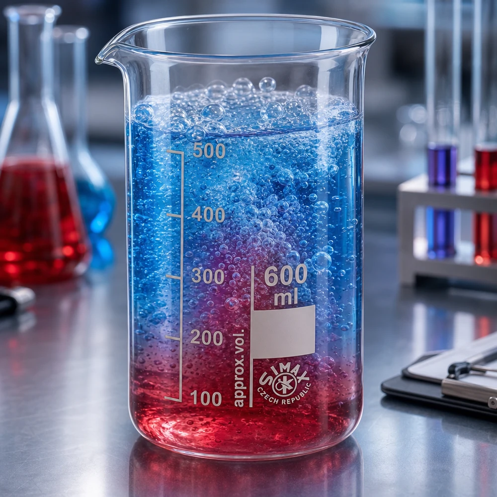 Bägare 600ml borosilikatglas, hög form Reaktionsbägare på 600 ml med en blå-röd tvåfasvätska och stigande bubblor i laboratoriet