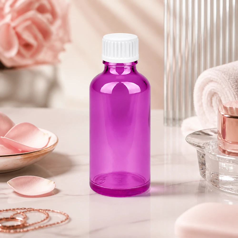 50ml (globule) flaska 3mm hällring vit Standard PurpleLine. UT18/50 Högkvalitativ 50 ml glasflaska i transparent violett med vitt skruvlock för skönhetsprodukter