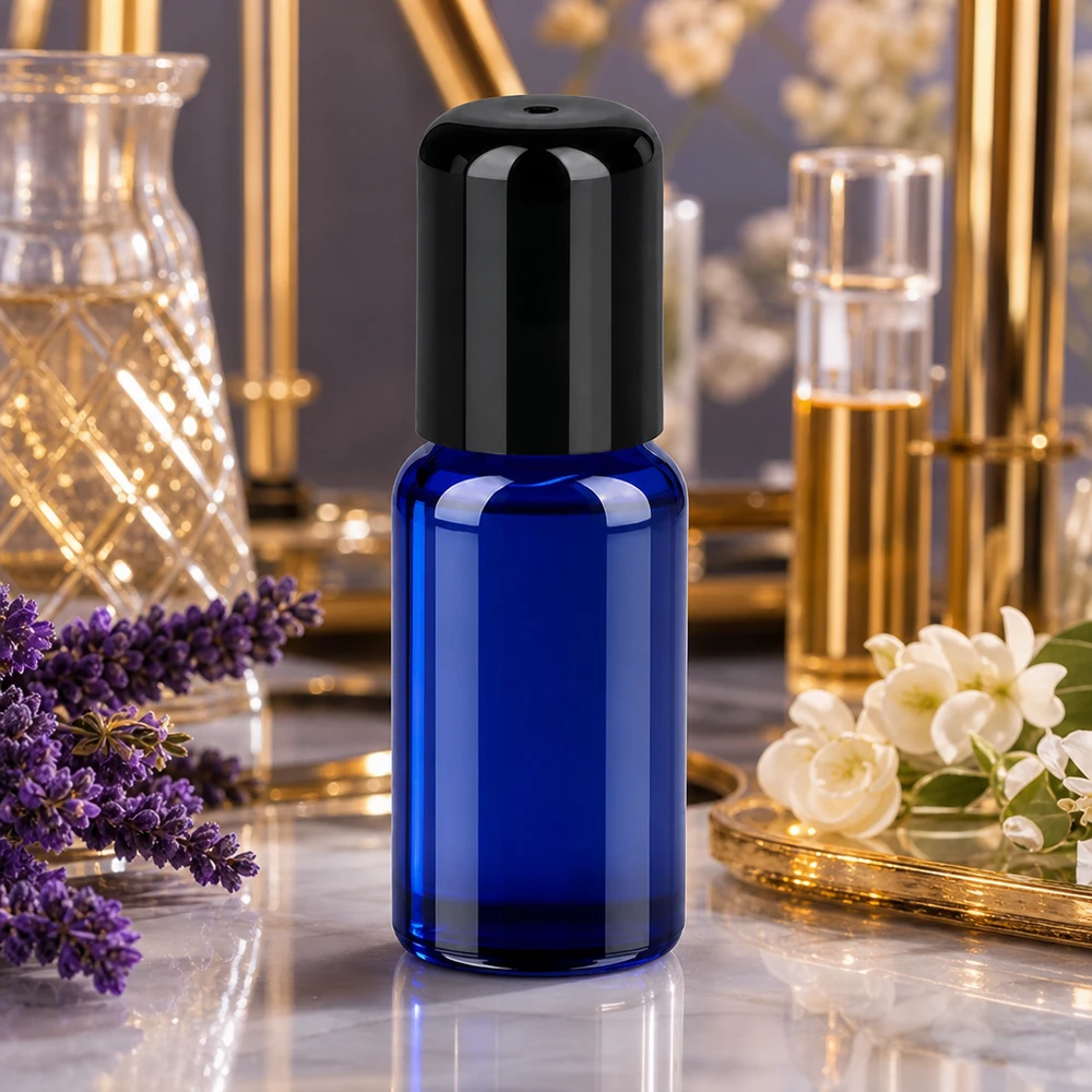 Premium roll-on-flaska 20 ml STD BlueLine med UV-skydd tack vare blått glas och svart lock