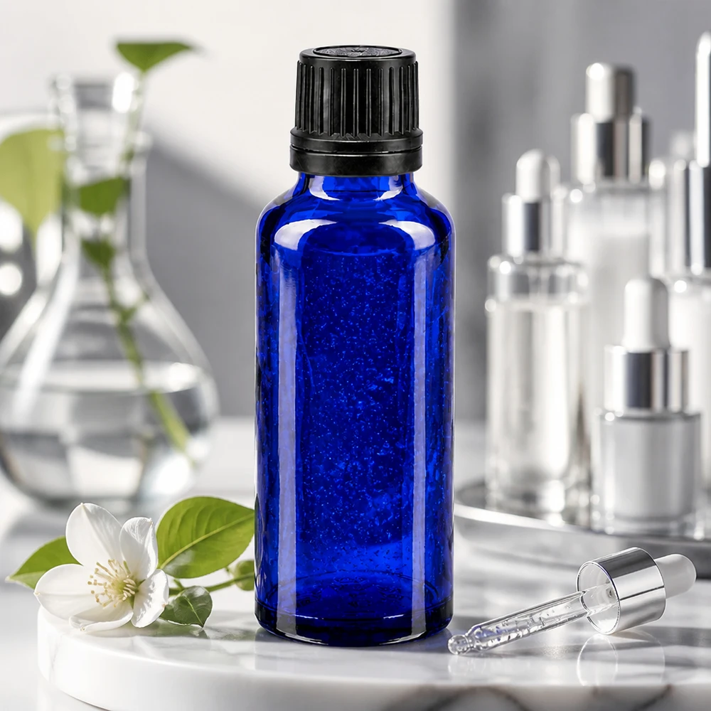 Apoteksflaska blå 30ml skruvkork svart hällring tamper-evident stängning Koboltblå 30 ml droppflaska av apotekerglas med svart originalförslutning och pipett