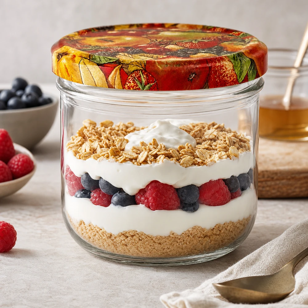 260 ml glas fruktdekor som dessertglas med yoghurt bär och granola i lager på köksbänken