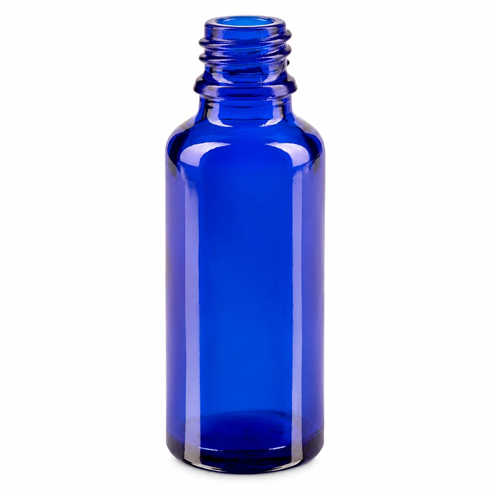 Droppflaska 30ml DIN 18 BLÅTT GLAS 30 ml blå apoteksflaska av märket ApoGlas, tillverkad av högkvalitativt borosilikatglas med skruvlock