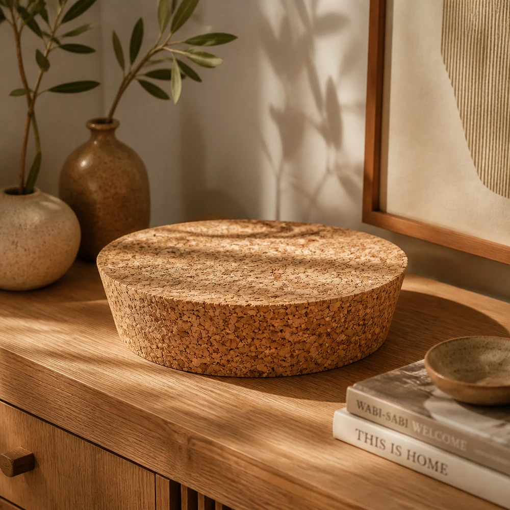 Kork för öppning 75mm WECK RR80 (ø72/82, H=20mm) WECK RR80 korkpropp naturkork på träkommod med böcker och keramikvaser modern vardagsrumsdekoration 75mm öppning