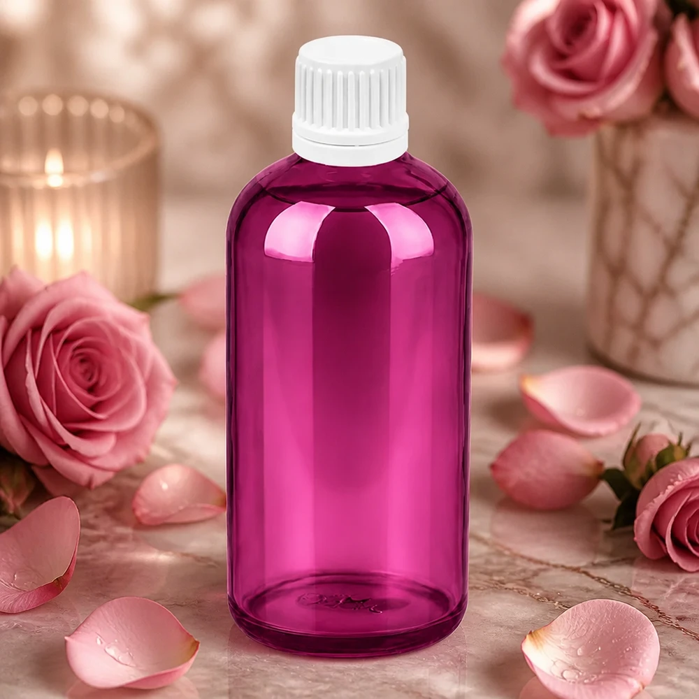 100ml droppflaska 0,7mm vit Originality skruvkork PurpleLine UT18/100 Liten 100 ml droppflaska i elegant violett med vitt skruvlock för kosmetika och vårdprodukter