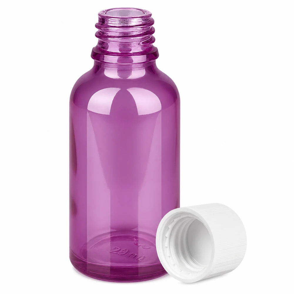 Lila 30 ml droppflaska i glas med vitt lock för eteriska oljor och serum