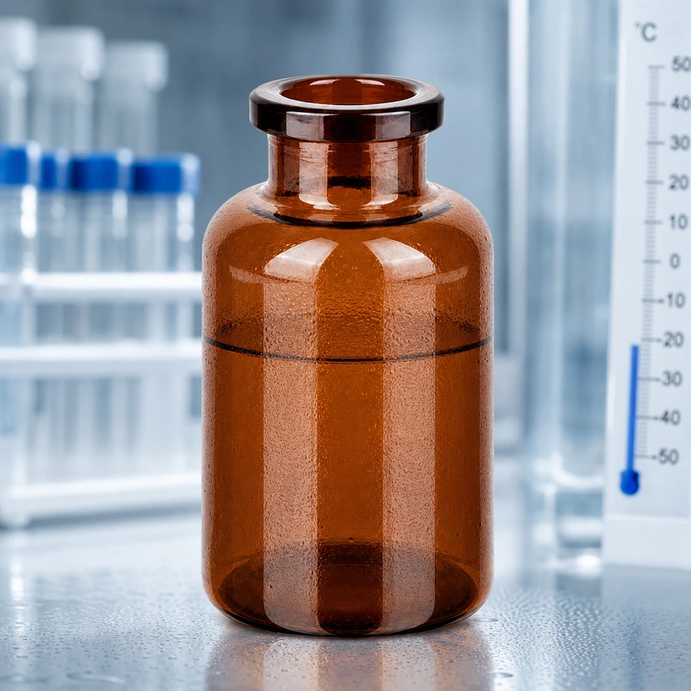 Injektionsflaska av bärnstensfärgat glas 20ml Braunglas Flasche 20ml für lichtempfindliche Injektionslösungen bei Minustemperaturen