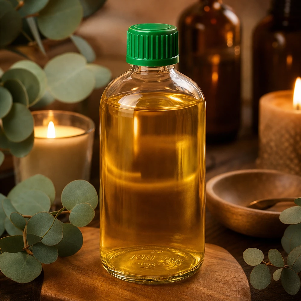 100 ml droppflaska av typen ClearLine med guldfärgad olja, grönt lock och eukalyptusgrenar på trä