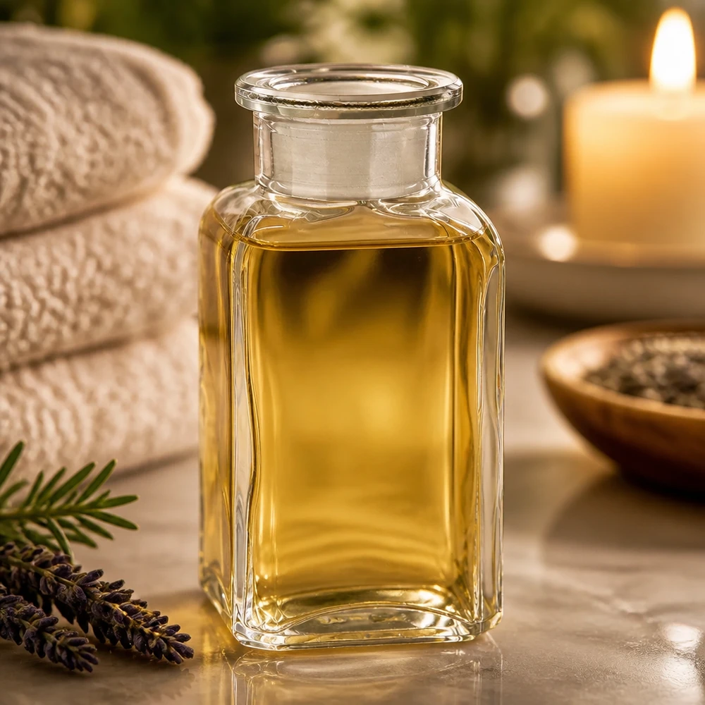 Klar glasflaska, 100 ml, fyrkantig, med vid hals och propp, bredvid lavendel och ett ljus