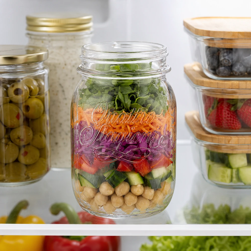 500ml rund burk "Quattro Stagioni" QS70mm 500 ml Quattro Stagioni hushållsburk fylld med lagrad sallad i kylen bredvid andra förvaringsburkar