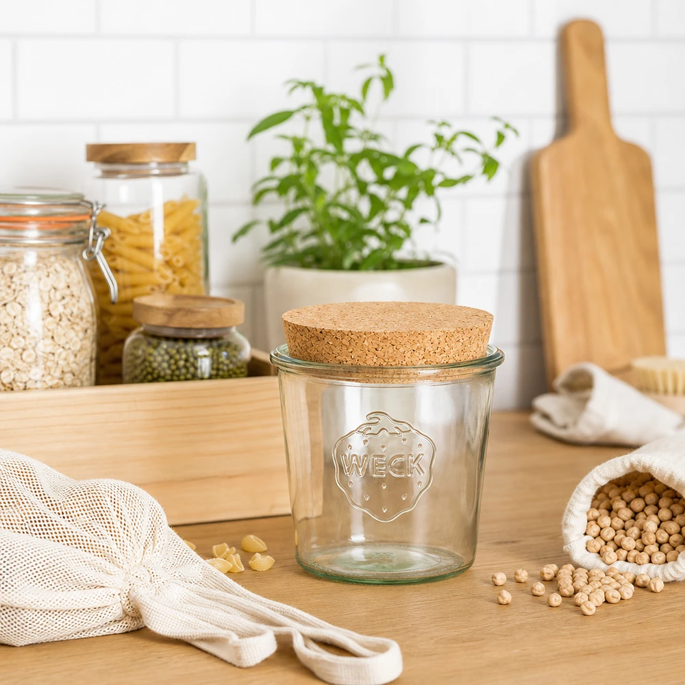 WECK förvaringsburk 580ml RR100 med korklock i hållbart zero-waste kök med tygpåsar och baljväxter
