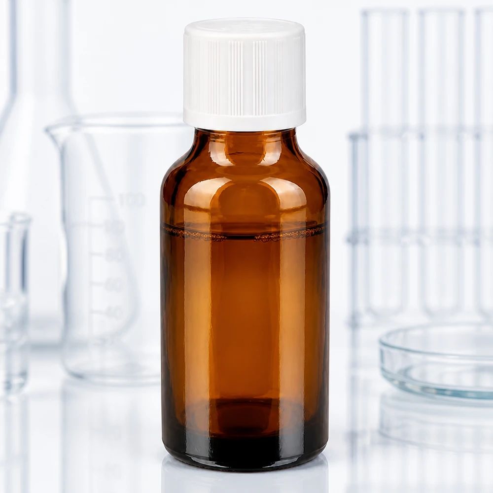 20 ml droppflaska i brunt glas med vit KiSi-kork framför laboratorieglasutrustning och provrör