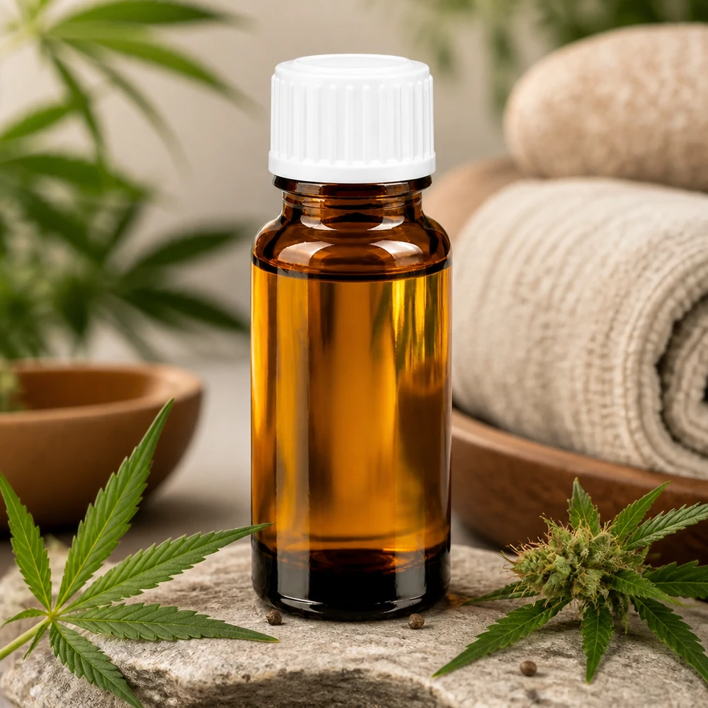 Apoteksflaska brun 10ml droppflaska vit 0,8mm standard Brun droppflaska på 10 ml med vitt lock bredvid cannabisblad och naturstenar