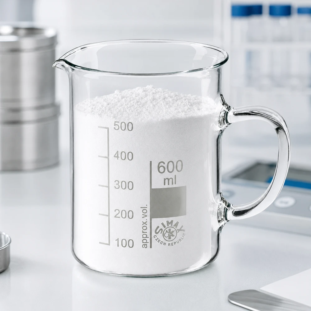 Bägare 600 ml borosilikatglas, med handtag Eppendorfglas på 600 ml med handtag, fyllt med vitt pulver på en vit laboratorieyta