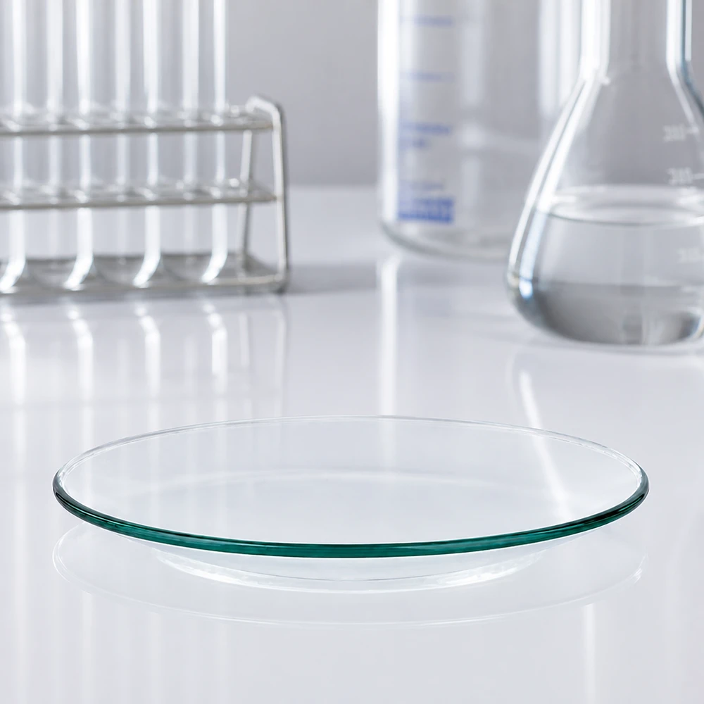 Tom klockglasskål med en diameter på 90 mm tillverkad av transparent laboratorieglas på en vit yta