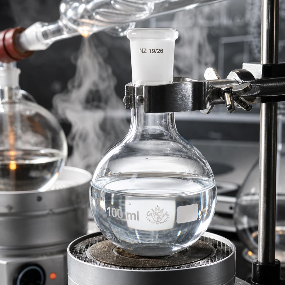 Höftkolv 100ml med standardslipad fog (19/26) Stående kolv 100ml i destillationsapparat - värmebeständigt laboratorieglas med 19/26 standard slipad fog