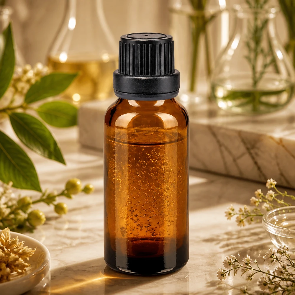 Apoteksflaska brun 20ml skruvkork svart manipulationsskyddad förslutning En bärnstensfärgad 20 ml apotekarflaska med svart skruvlock på marmor bland medicinalväxter