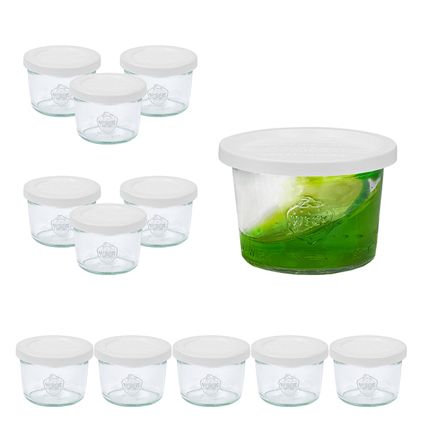 Set med 12 Weck-burkar 80ml Krossade glasögon med 12 lock Set med 12 Weck-burkar 80ml Krossade glasögon med 12 lock