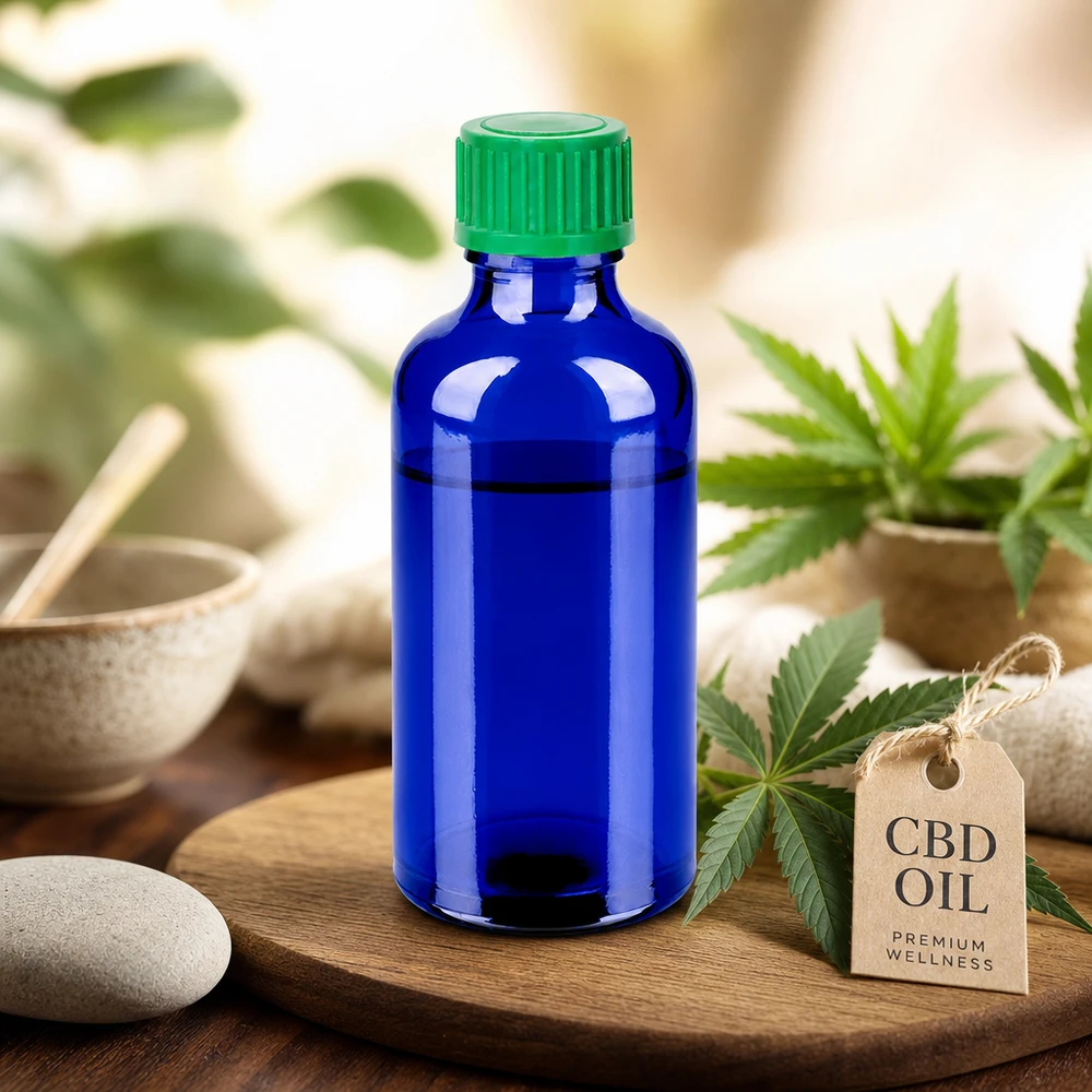 50 ml Droppflaska 0,8 mm grön Standardförslutning BlueLine UT18/50 Kompakt 50 ml droppflaska i elegant blå färg för mobil användning av CBD-olja och extrakt