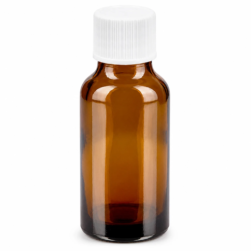 20 ml bärnstensfärgad glasflaska med vitt skruvlock för läkemedel och kosmetika