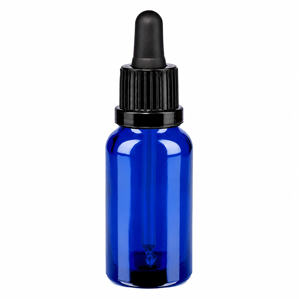20 ml pipettflaska av blått glas med svart pipett och skruvlock för exakt dosering