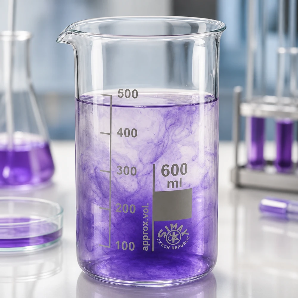Bägare 600ml borosilikatglas, hög form Bägare, 600 ml, hög modell, borosilikatglas med violett vätska och skala, för laboratoriebruk