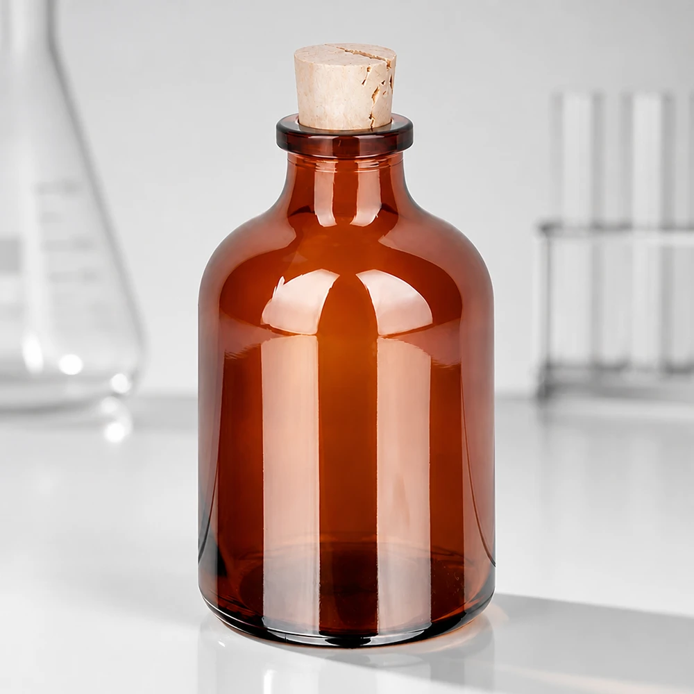 Bärnstensfärgad glasflaska 50ml med kork 11/14mm Bernsteinfarbene Laborflasche 50ml mit Kork für Proben und Reagenzien