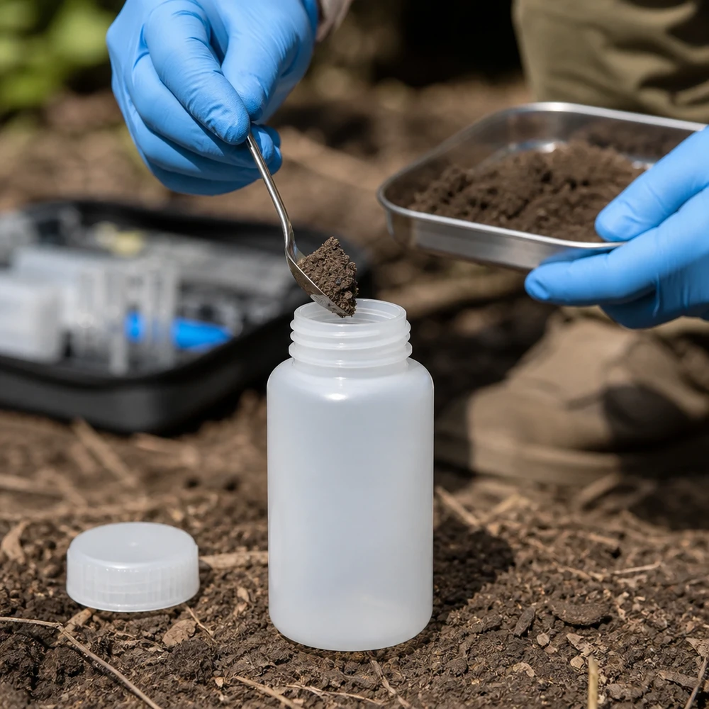Jordprovtagning med en 1 000 ml laboratorieflaska av plast med vid hals och öppen topp, utomhus