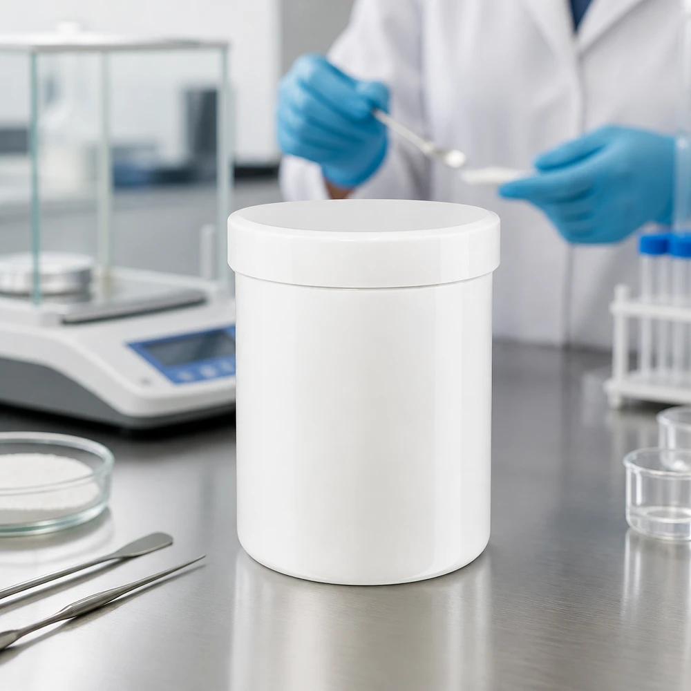 Cylindrisk vit PP-salvburk på 100 g i laboratoriet bredvid analysvågen och provrören