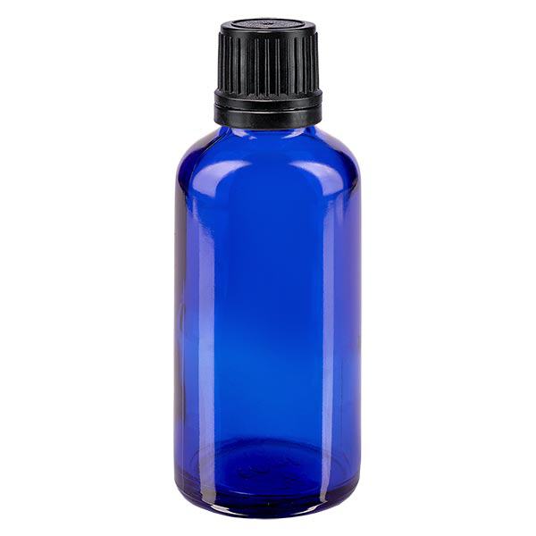 Apoteksflaska blå 50ml skruvkork svart hällring manipuleringssäker förslutning Apoteksflaska blå 50ml skruvkork svart hällring manipuleringssäker förslutning