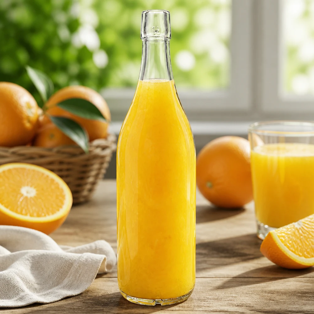 1000ml glasflaska utan svängbar topp UNiTWIST Glasflaska 1000ml UNiTWIST fylld med apelsinjuice färska apelsiner köksbord naturligt ljus hälsosamt