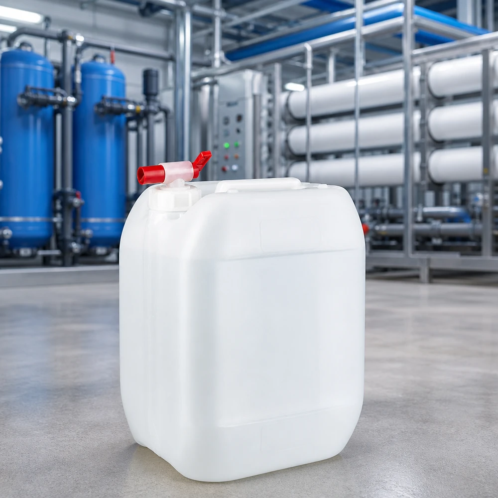 Dunk 10 liter med avtappningskran Vit 10-litersdunk med röd utloppskran framför en industriell vattenreningsanläggning