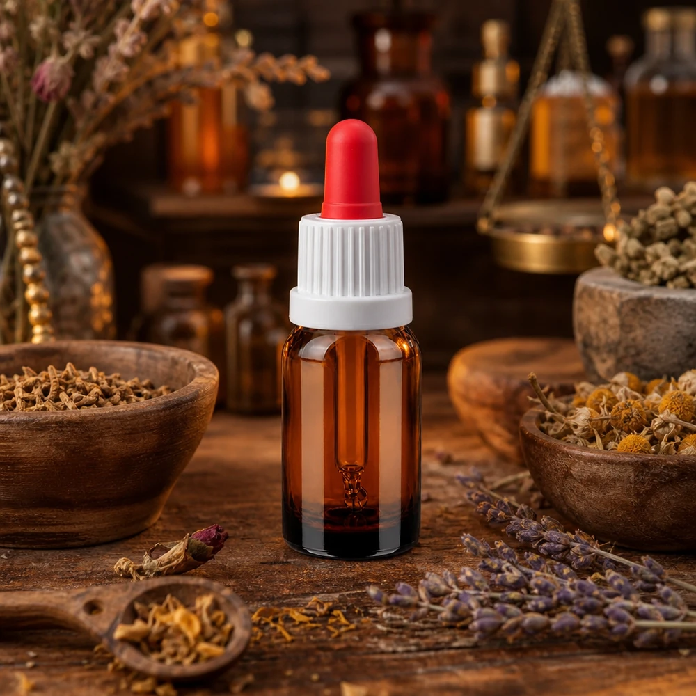 10 ml pipettflaska vit/röd med säkerhetsförslutning BrownLine UT18/10 Liten 10 ml pipettflaska med röd droppflaska, idealisk för aromaterapi och naturläkemedel