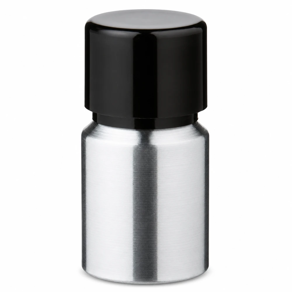 10 ml flaska i polerad aluminium med skruvkork 10 ml aluminiumflaska med svart skruvlock av polerad aluminium för eteriska oljor